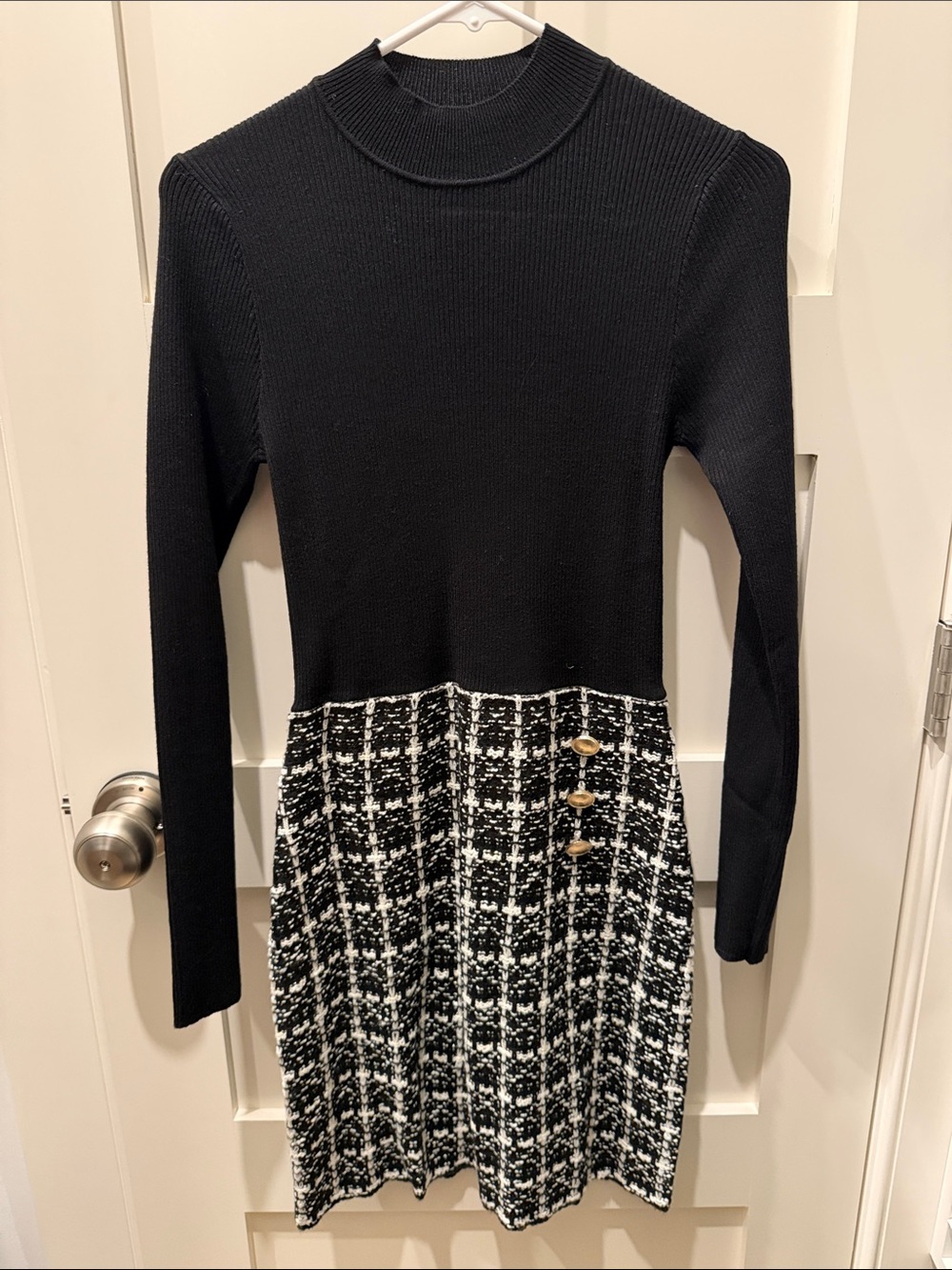 Black Knit Top with Black-and-White Tweed Skirt Dress